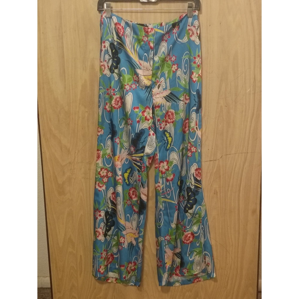 Zara Blue Oriental Bird Floral Print Wide Leg Satin Trousers Womens Medium